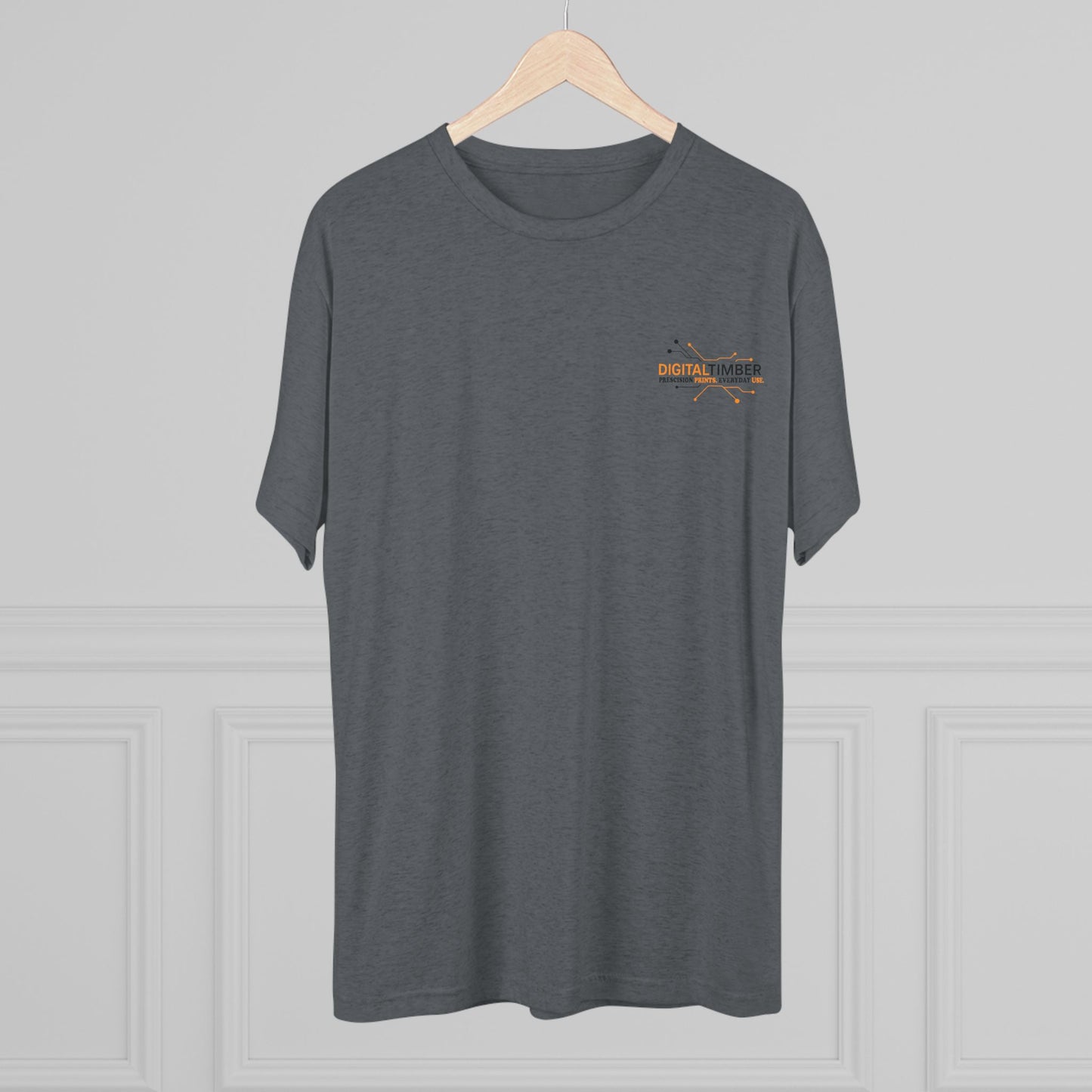 Heather gray t-shirt featuring DT tree circuit logo on back and small chest logo by DigitalTimber