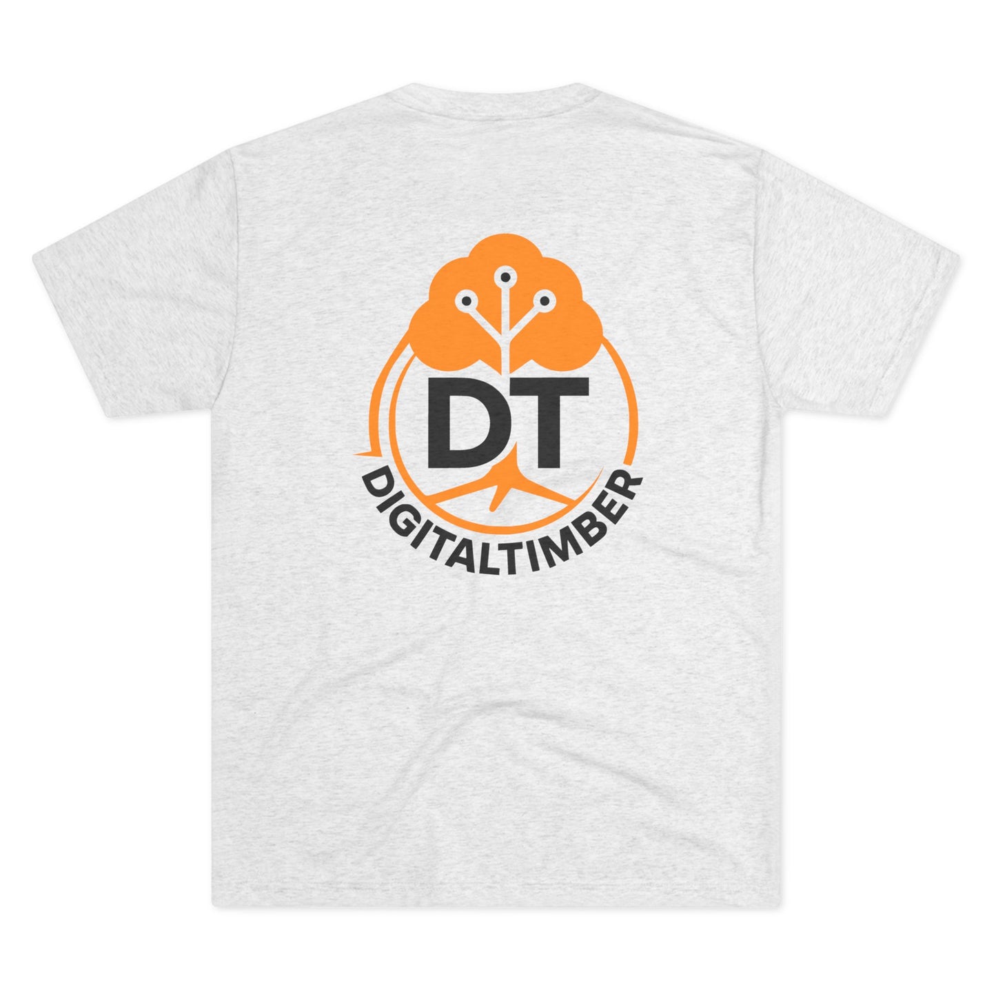 Heather gray t-shirt featuring DT tree circuit logo on back and small chest logo by DigitalTimber