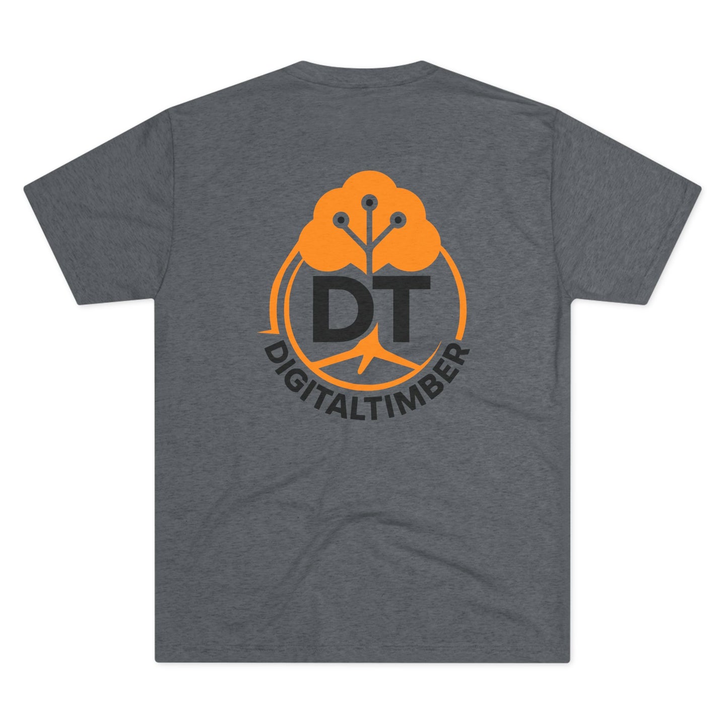 Heather gray t-shirt featuring DT tree circuit logo on back and small chest logo by DigitalTimber