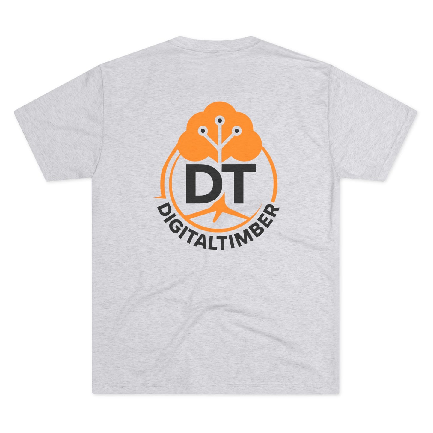 Heather gray t-shirt featuring DT tree circuit logo on back and small chest logo by DigitalTimber