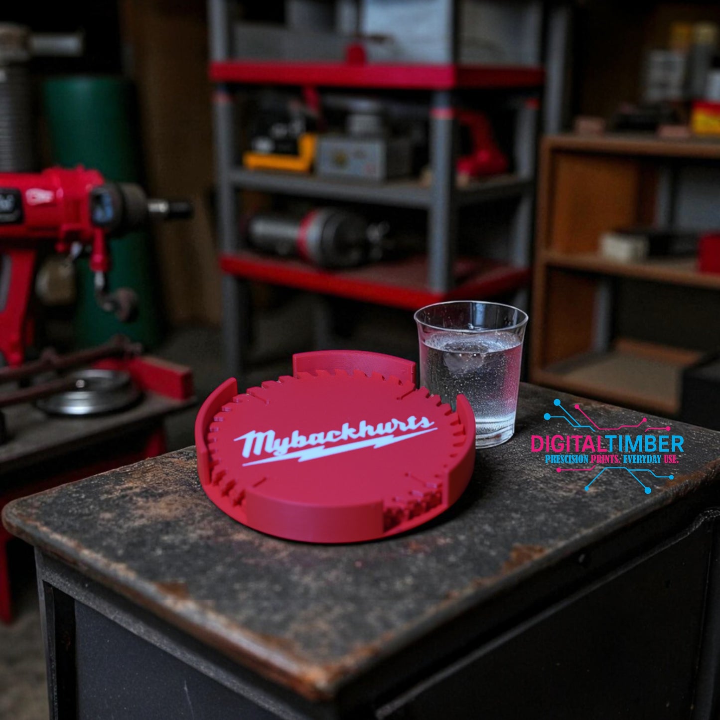Red tool with 'MyBackhurts' branding on a workbench with a glass of water.
