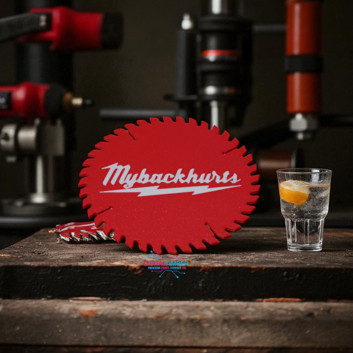 Red saw blade with 'Mybackhurts' logo on a wooden surface with tools in the background