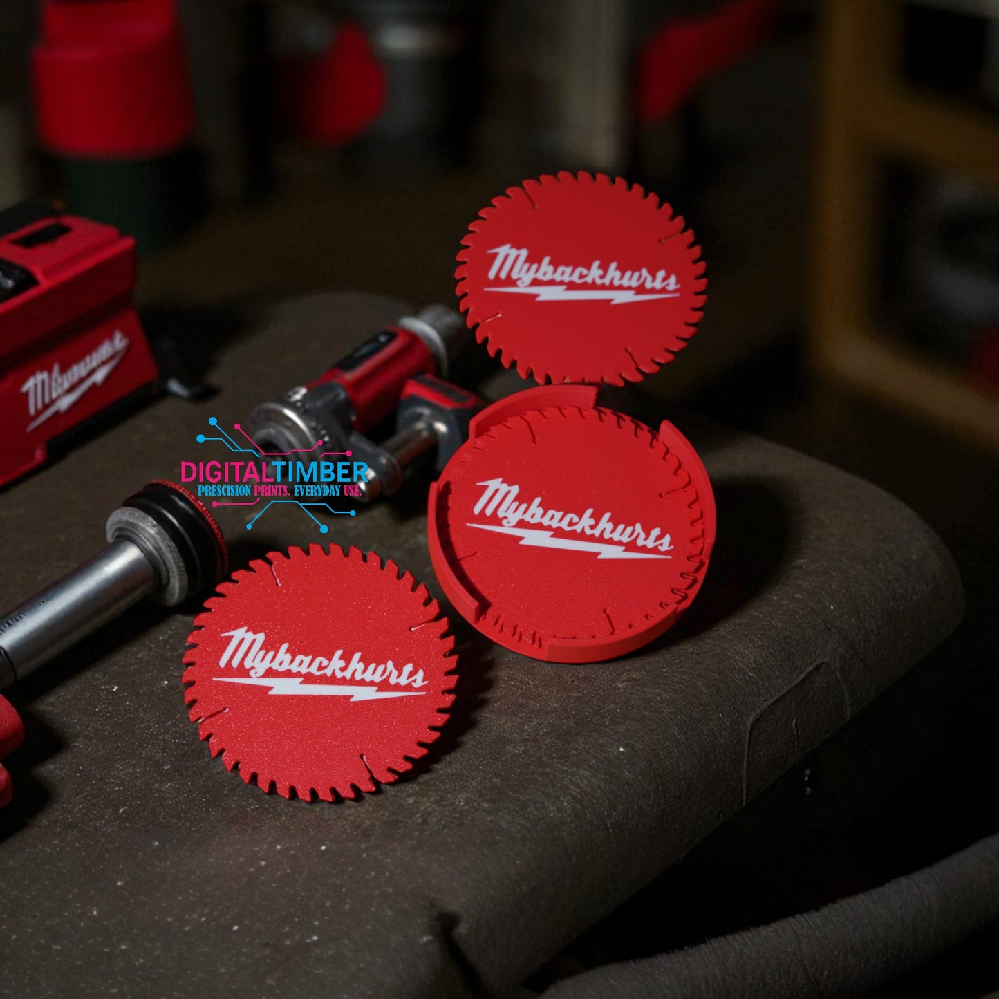 Red circular tools with 'Mybackhurts' branding on a dark surface.