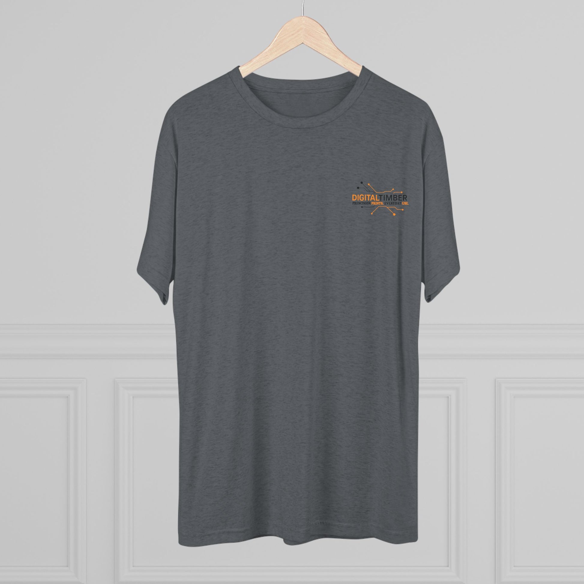 Heather gray t-shirt featuring DT tree circuit logo on back and small chest logo by DigitalTimber