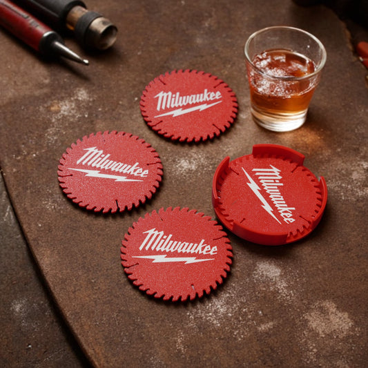 Milwaukee Saw Blade Drink Coasters – Set of 4 with Holder | Shop Decor for Tool Lovers
