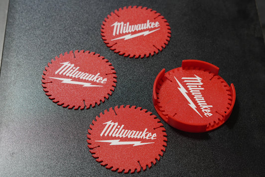 Milwaukee Saw Blade Drink Coasters – Set of 4 with Holder | Shop Decor for Tool Lovers