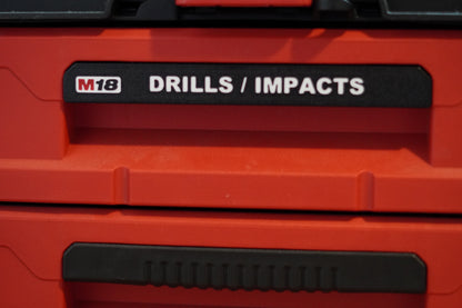 Close-up of M18 labeled handle on toolbox drawer