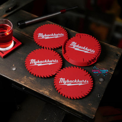 Red coasters with 'Mybackhurts' branding on a wooden surface.