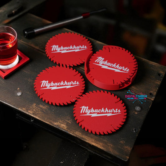 Red coasters with 'Mybackhurts' branding on a wooden surface.