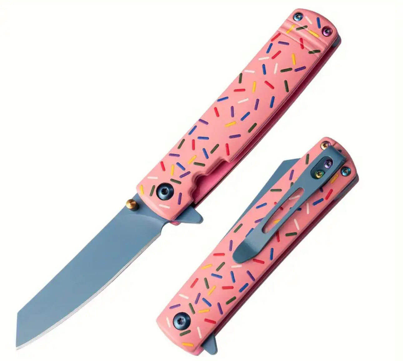 Close-up of Sprinkle Donut Knife’s blue stainless steel blade showing detail and sharpness