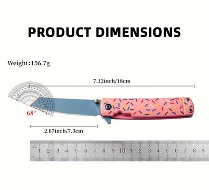 Product dimensions and specifications for Sprinkle Donut Folding Knife with measurements and angle