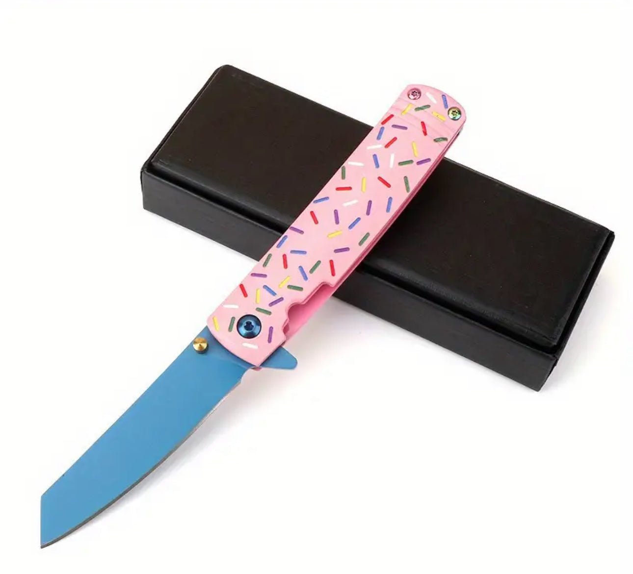 Sprinkle Donut Folding Knife displayed on black gift box, ideal for gifting